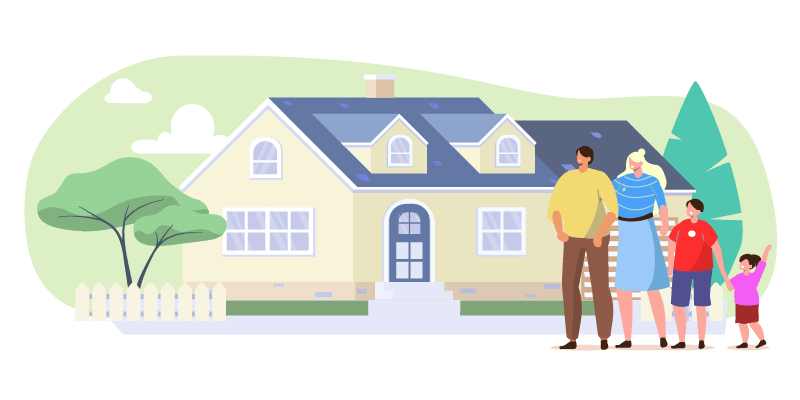 family in front of a house