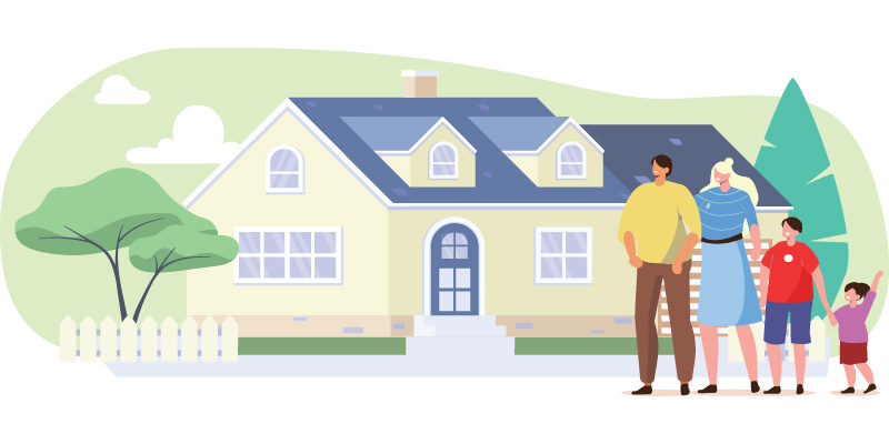 family standing in front of home
